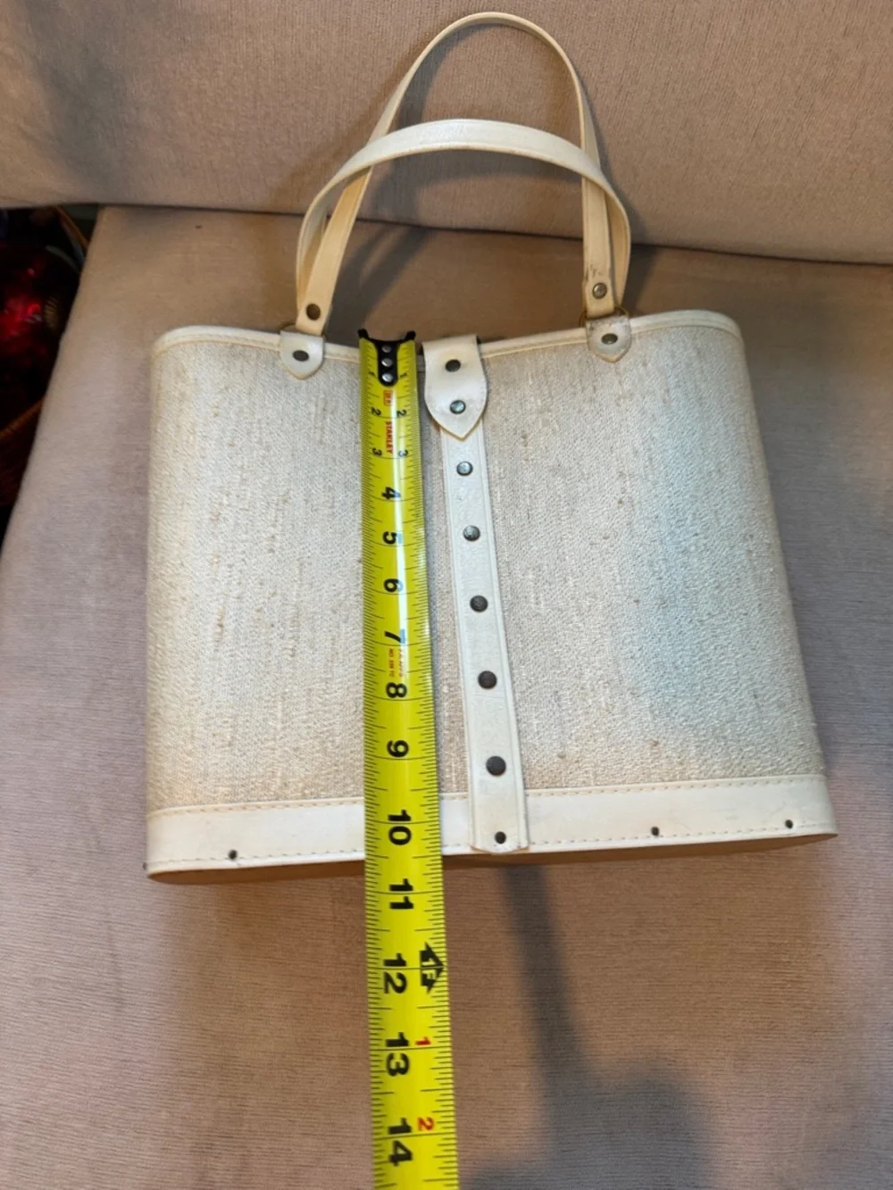 Vintage Cream Tote with Green Floral Appliqué and Jewel Accents - Picture 8 of 12